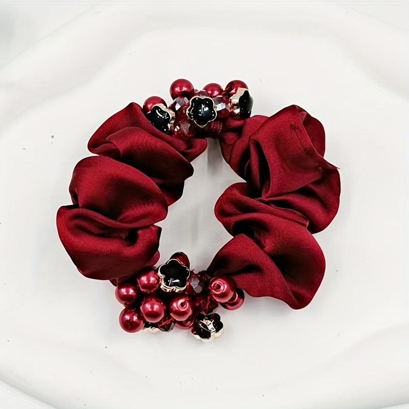 Red Flower Beaded Silky Scrunchies Hair Tie Faux Pearl Hair Rope Satin Hair Ring