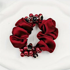 Red Flower Beaded Silky Scrunchies Hair Tie Faux Pearl Hair Rope Satin Hair Ring