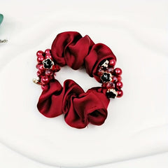 Red Flower Beaded Silky Scrunchies Hair Tie Faux Pearl Hair Rope Satin Hair Ring