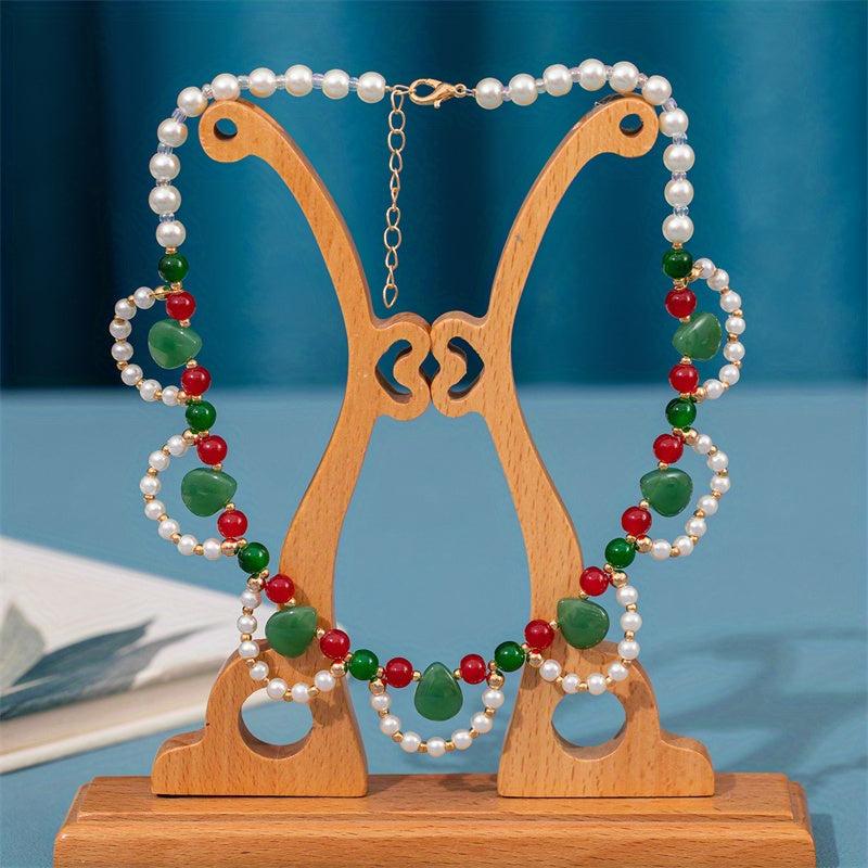 Faux Pearl Beaded Necklace Faux Jade Chinese Style Decoration