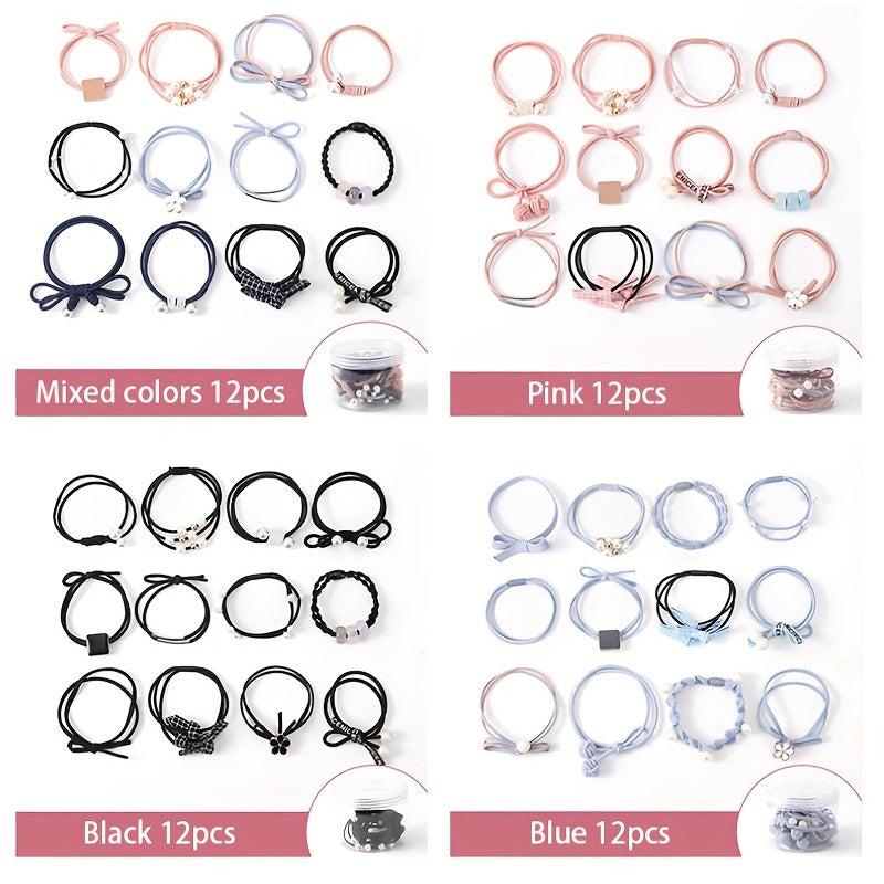 12 Pcs Girls Hair Tie Flower Faux Pearl Colorful Elastic Scrunchie Ponytail