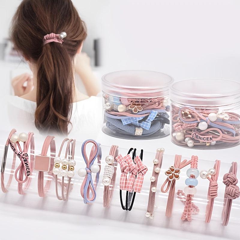 12 Pcs Girls Hair Tie Flower Faux Pearl Colorful Elastic Scrunchie Ponytail