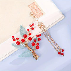 Wooden Hairpin With Tassel Red Beads