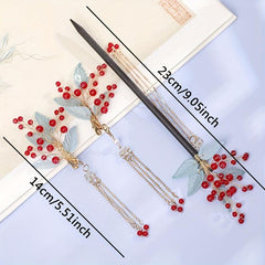 Wooden Hairpin With Tassel Red Beads
