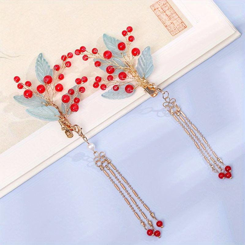 Wooden Hairpin With Tassel Red Beads