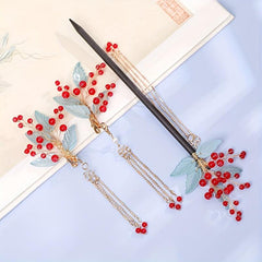Wooden Hairpin With Tassel Red Beads