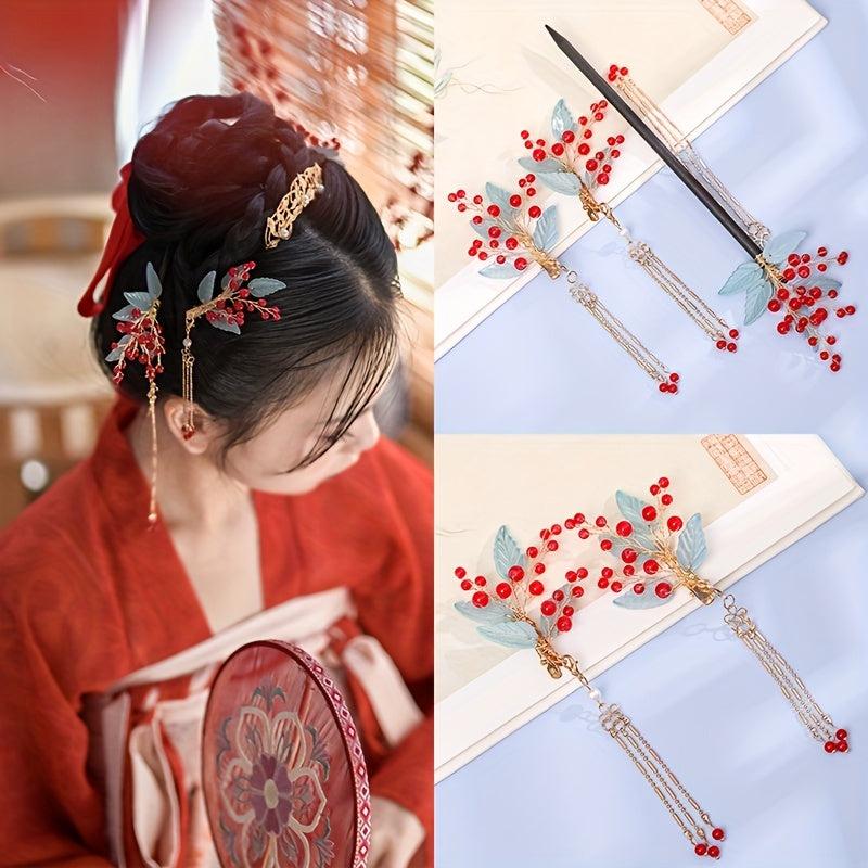 Wooden Hairpin With Tassel Red Beads