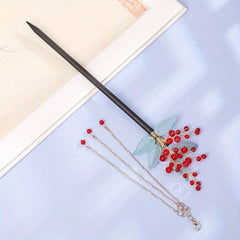 Wooden Hairpin With Tassel Red Beads