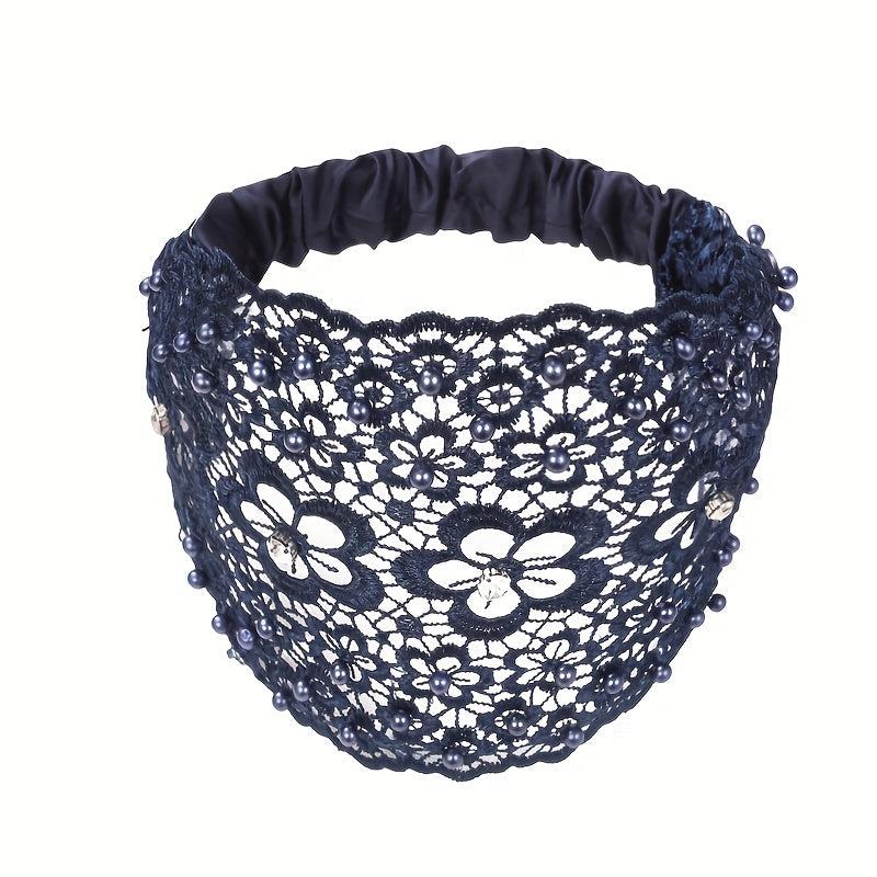 Floral Lace Hair Band Retro Wide Mesh Headdress Headwear Rhinestone Decor