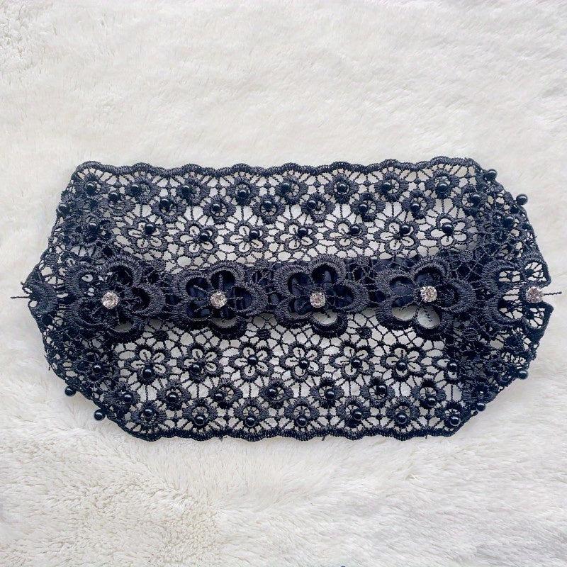 Floral Lace Hair Band Retro Wide Mesh Headdress Headwear Rhinestone Decor