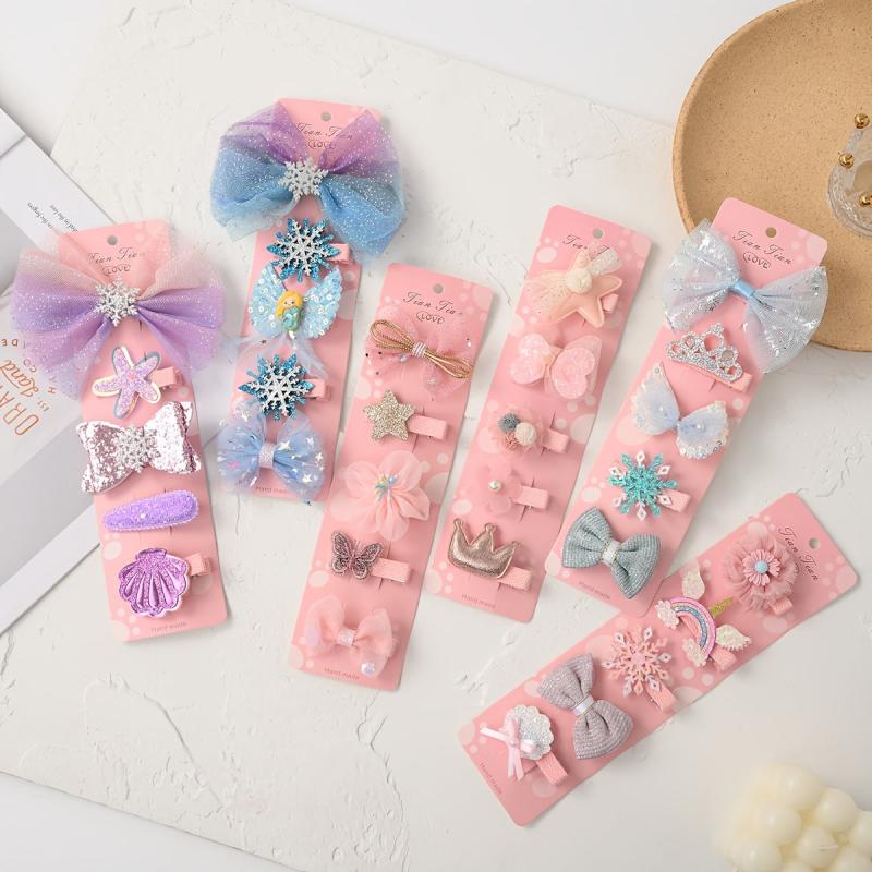 5pcs Girls Sparkling Shinning Hair Clips Plush Snowflake Bow Hairpin