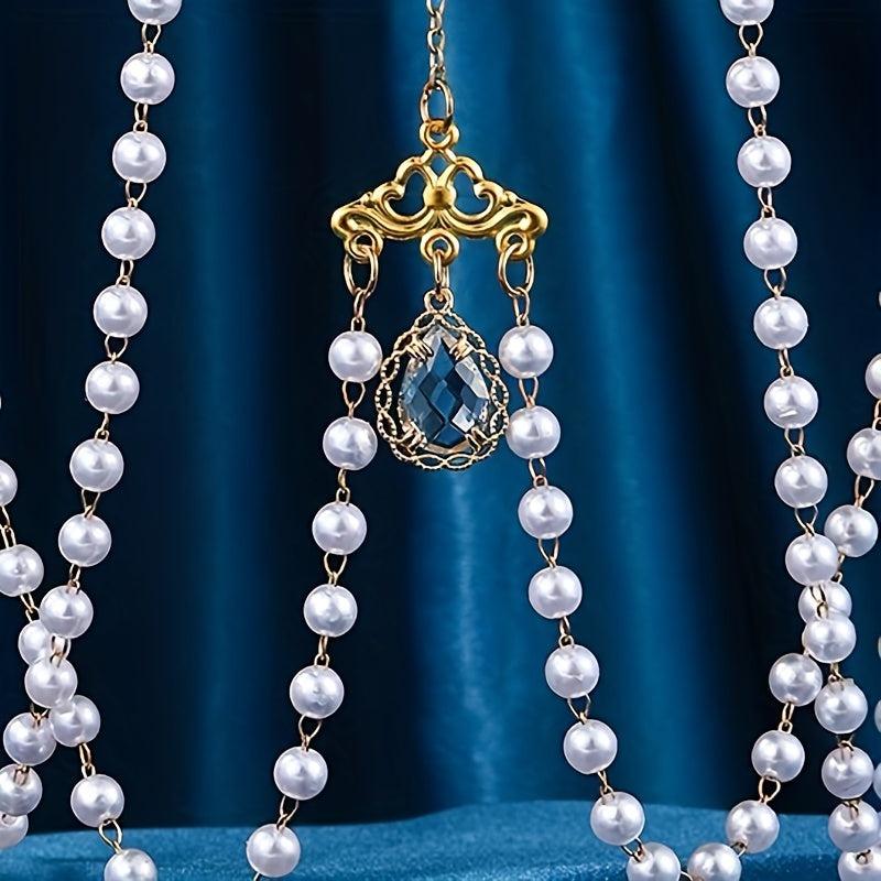 Pearl Crystal Headband Tiara Crown With Tassel Dress Up Hair Accessory