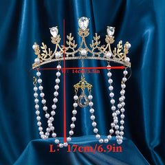 Pearl Crystal Headband Tiara Crown With Tassel Dress Up Hair Accessory