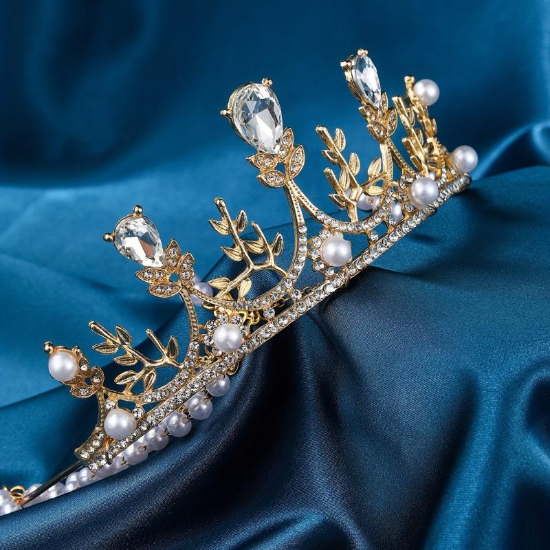 Pearl Crystal Headband Tiara Crown With Tassel Dress Up Hair Accessory