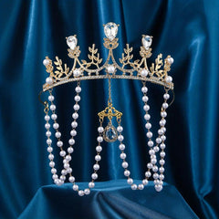 Pearl Crystal Headband Tiara Crown With Tassel Dress Up Hair Accessory