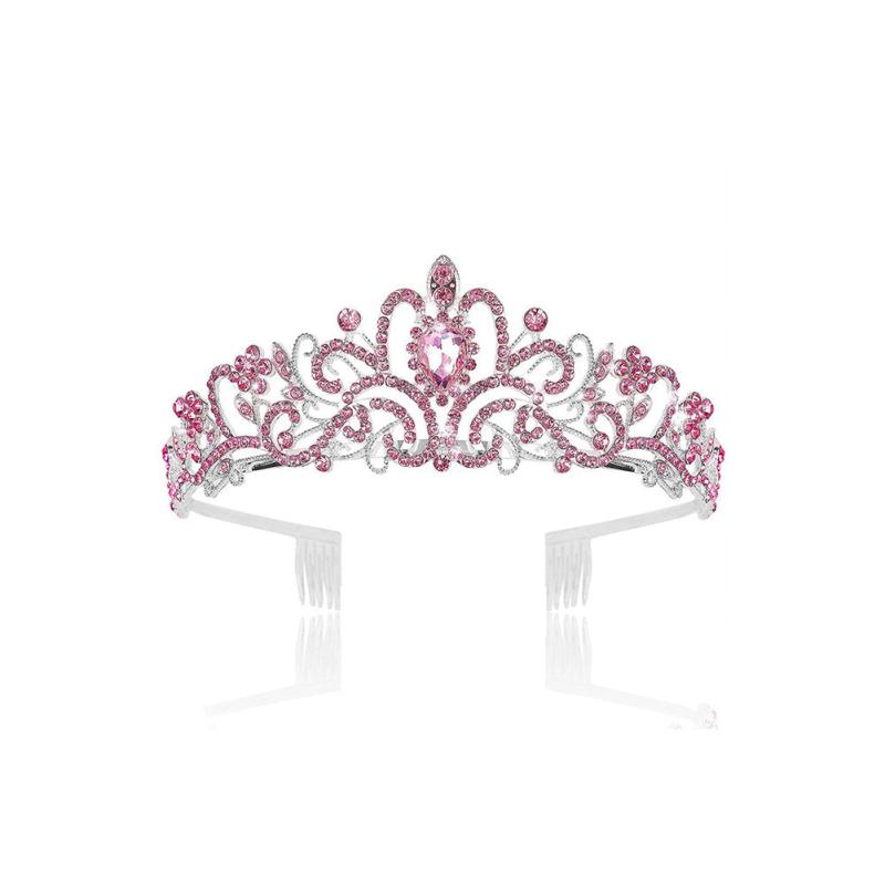 Pink Crystal Tiara Crown Women Girls With Combs