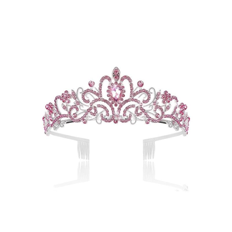Pink Crystal Tiara Crown Women Girls With Combs