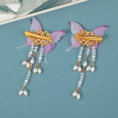 Butterfly Antique Tassel Hair Clip Colorful Tulle Beaded Hairclip