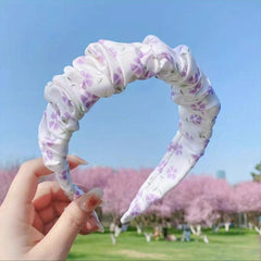 Floral Print Ruched Ruffled Headband Sweet Headdress Wide Head Hoop