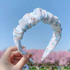 Floral Print Ruched Ruffled Headband Sweet Headdress Wide Head Hoop