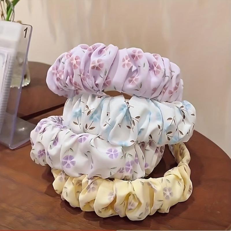 Floral Print Ruched Ruffled Headband Sweet Headdress Wide Head Hoop