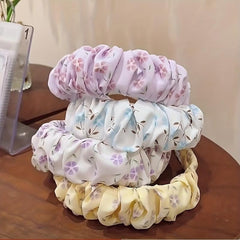 Floral Print Ruched Ruffled Headband Sweet Headdress Wide Head Hoop
