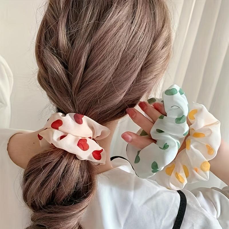 5pcs Heart Pattern Chiffon Scrunchies Silky Hair Tie Elastic Ponytail Holder