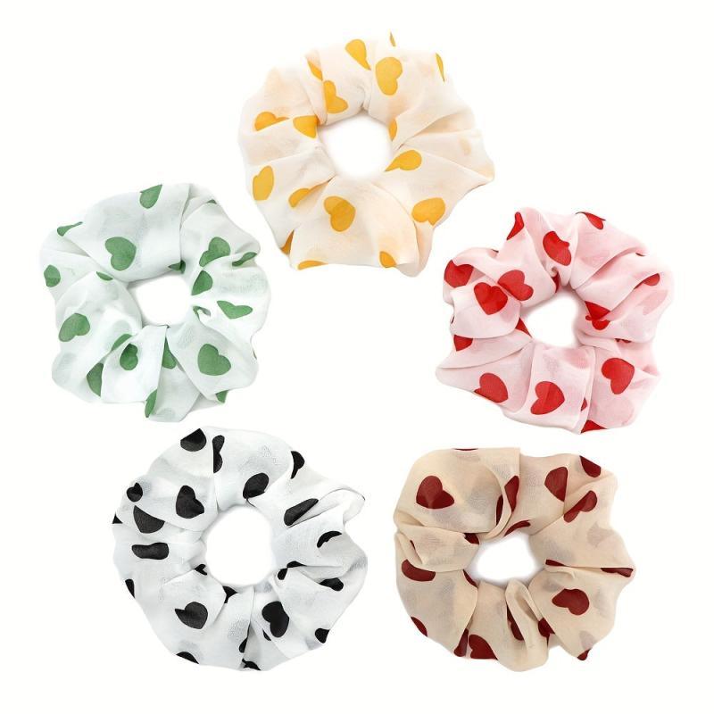 5pcs Heart Pattern Chiffon Scrunchies Silky Hair Tie Elastic Ponytail Holder