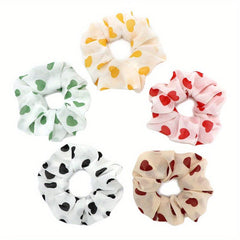 5pcs Heart Pattern Chiffon Scrunchies Silky Hair Tie Elastic Ponytail Holder