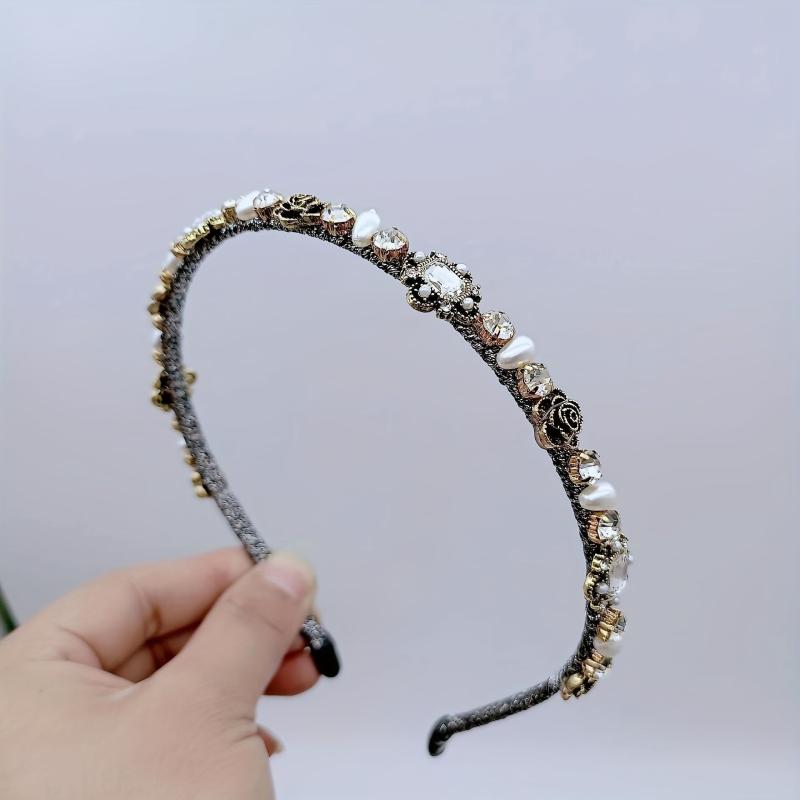 Rose Headband Rhinestone Faux Pearl Head Hoop Retro Style Sweet Headdress