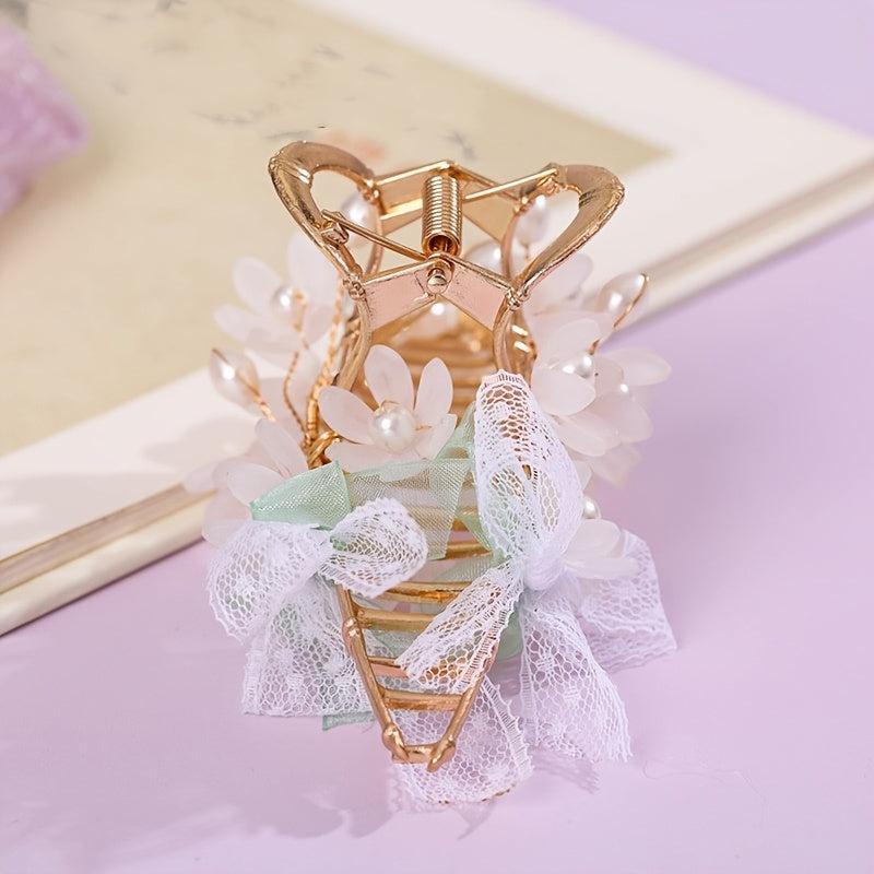 Vintage Chinese Style Hair Claw Clip Faux Pearl Flower Leaf Metal
