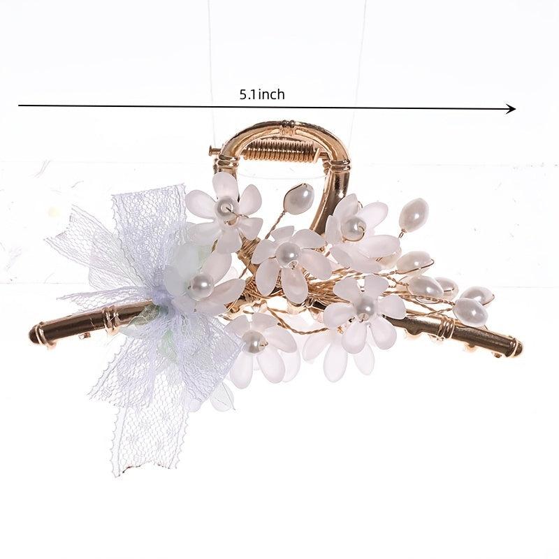 Vintage Chinese Style Hair Claw Clip Faux Pearl Flower Leaf Metal