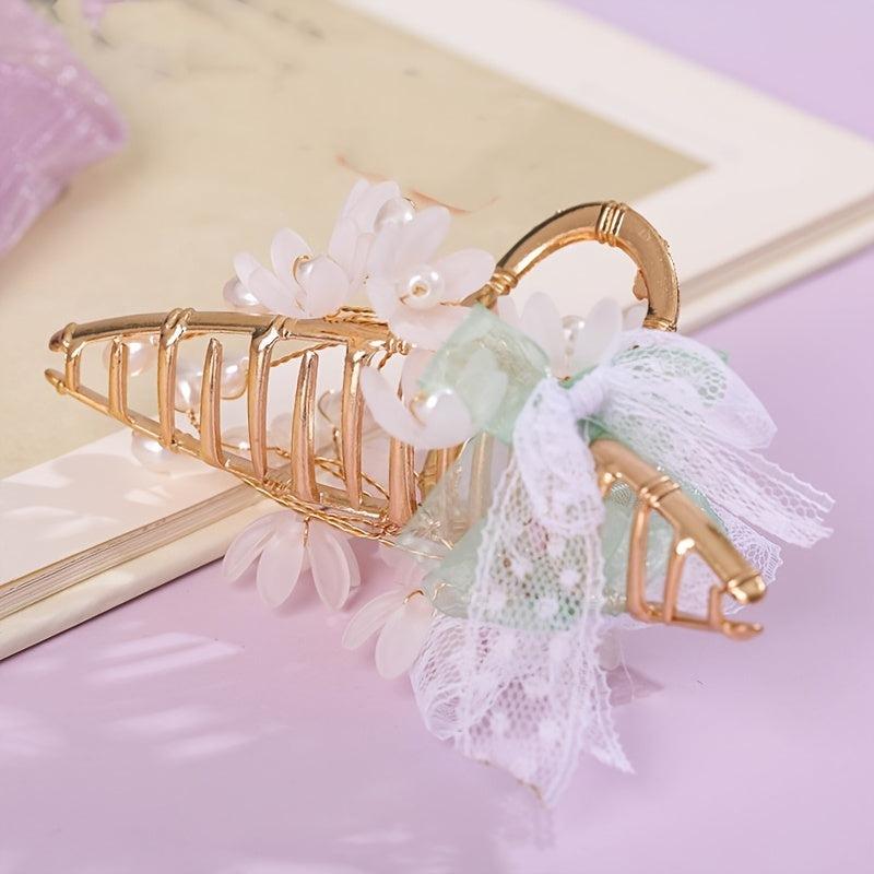 Vintage Chinese Style Hair Claw Clip Faux Pearl Flower Leaf Metal