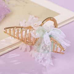 Vintage Chinese Style Hair Claw Clip Faux Pearl Flower Leaf Metal