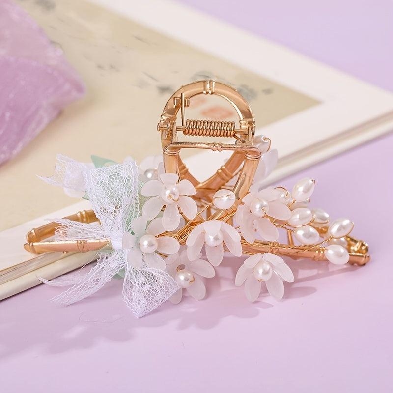 Vintage Chinese Style Hair Claw Clip Faux Pearl Flower Leaf Metal
