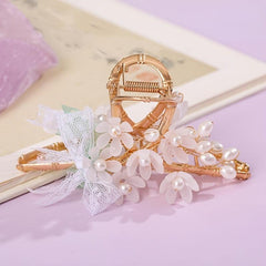 Vintage Chinese Style Hair Claw Clip Faux Pearl Flower Leaf Metal