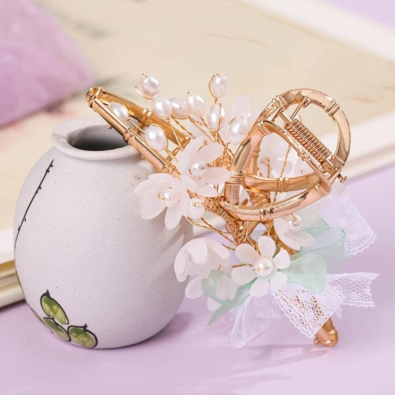 Vintage Chinese Style Hair Claw Clip Faux Pearl Flower Leaf Metal