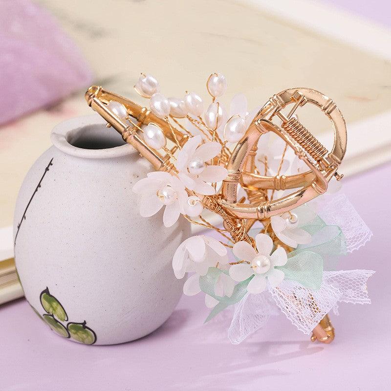 Vintage Chinese Style Hair Claw Clip Faux Pearl Flower Leaf Metal
