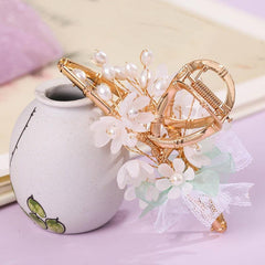 Vintage Chinese Style Hair Claw Clip Faux Pearl Flower Leaf Metal