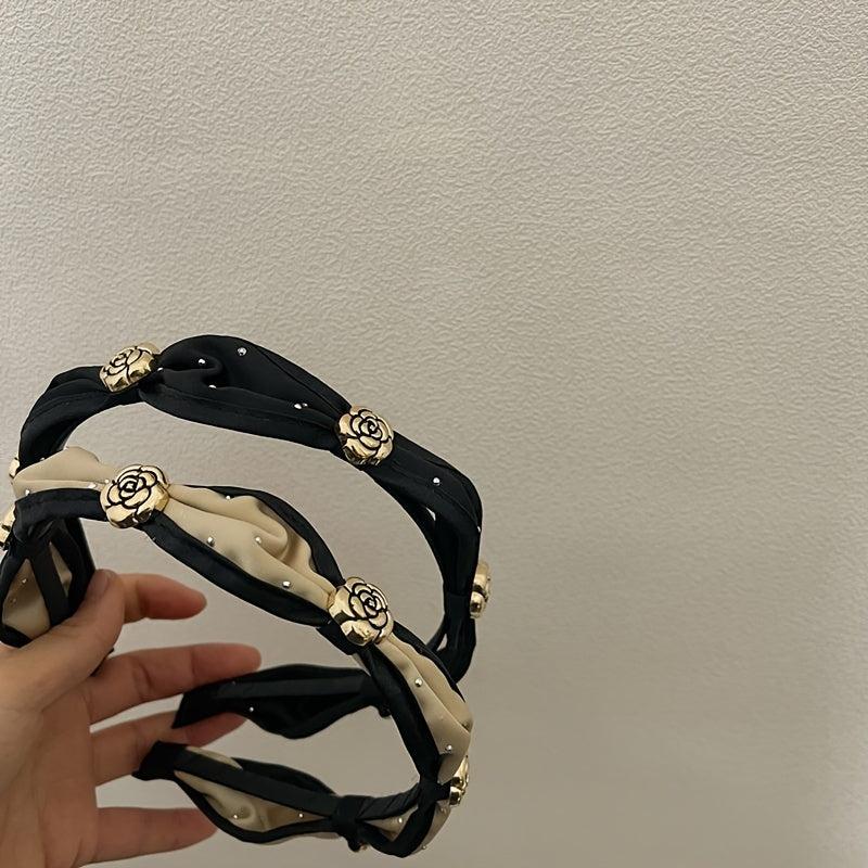 French Metal Flower Fabric Hairband Camellia Headband Vintage Hair Accessories