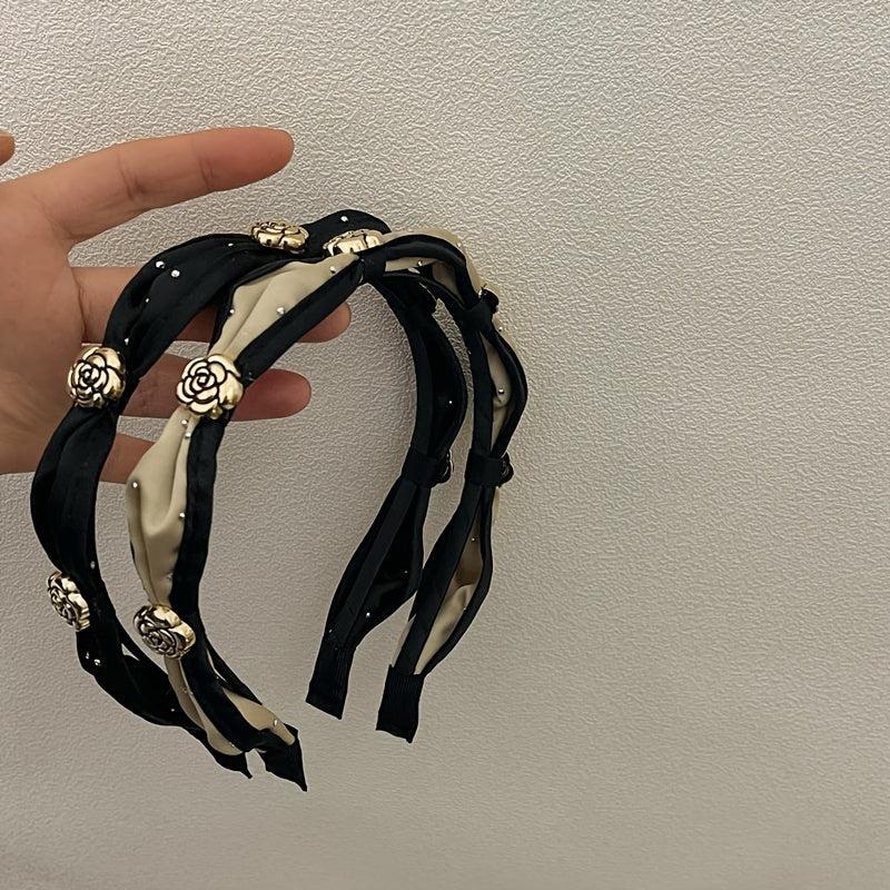 French Metal Flower Fabric Hairband Camellia Headband Vintage Hair Accessories