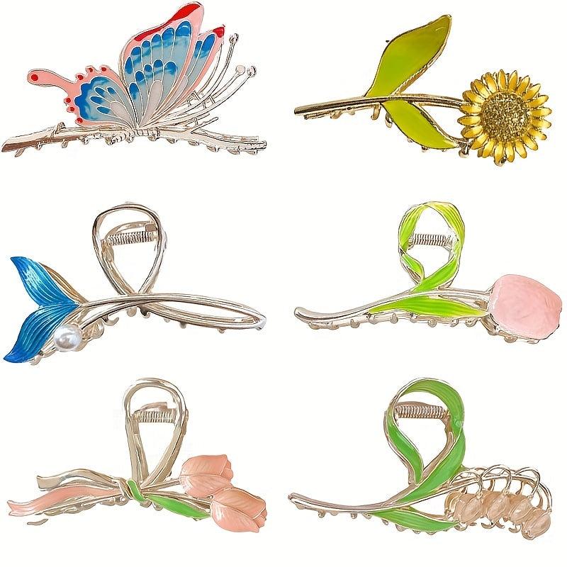 Flower Pattern Hair Claw Metal Tulip Sunflower Shark Claw Ponytail Holder