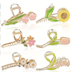 Flower Pattern Hair Claw Metal Tulip Sunflower Shark Claw Ponytail Holder