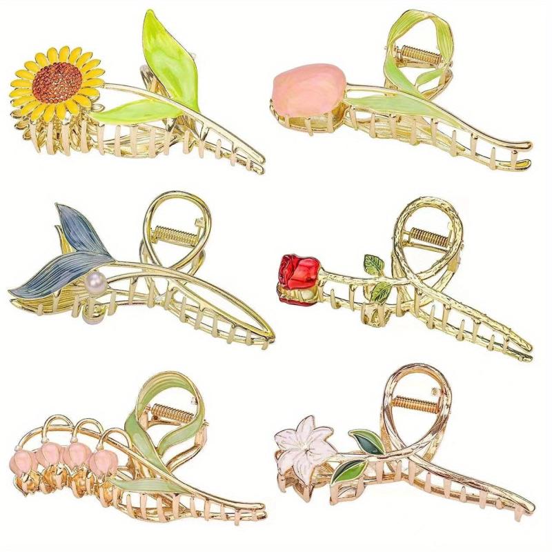 Flower Pattern Hair Claw Metal Tulip Sunflower Shark Claw Ponytail Holder