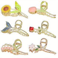 Flower Pattern Hair Claw Metal Tulip Sunflower Shark Claw Ponytail Holder