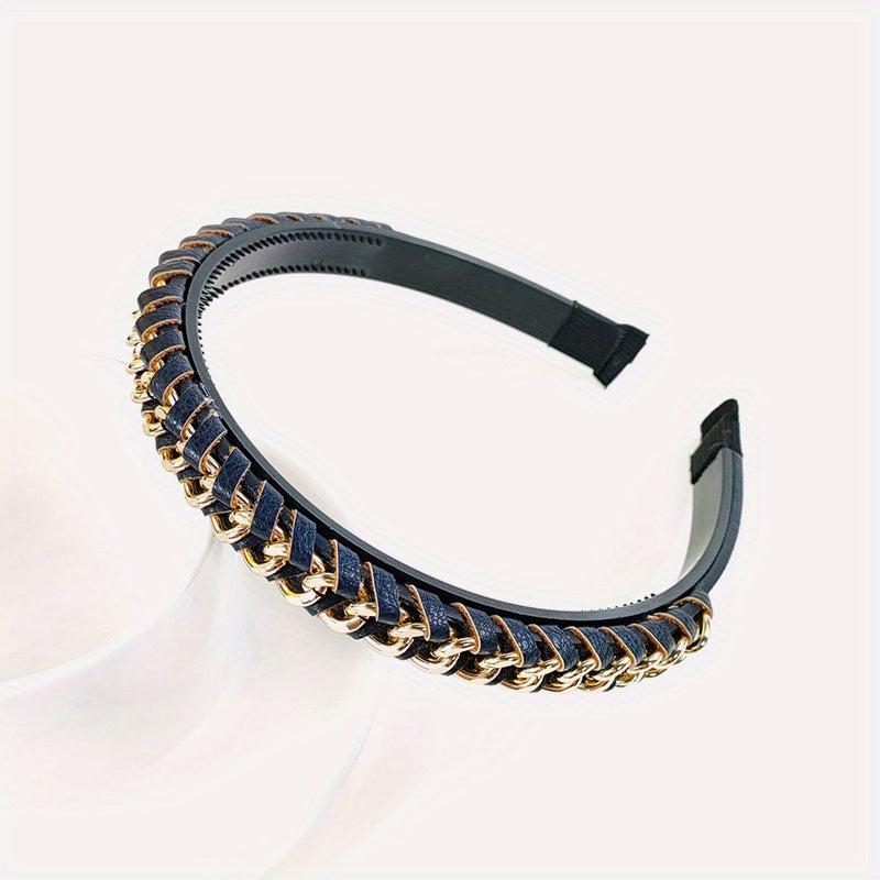 Vintage PU Leather Headband Chain Braided Hair Band Metal Head Hoop