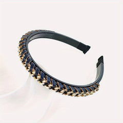 Vintage PU Leather Headband Chain Braided Hair Band Metal Head Hoop
