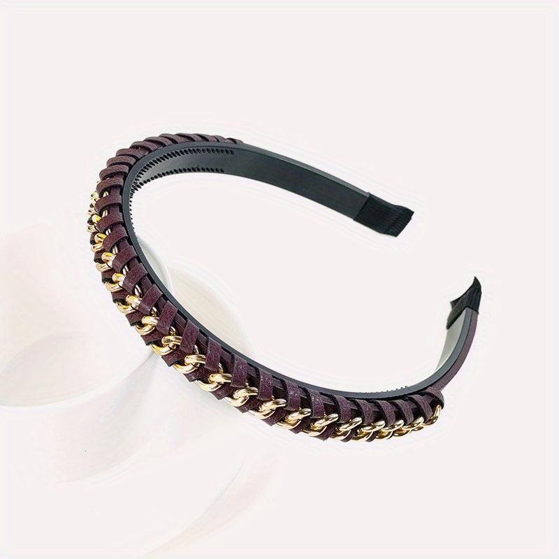 Vintage PU Leather Headband Chain Braided Hair Band Metal Head Hoop