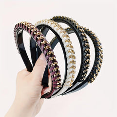 Vintage PU Leather Headband Chain Braided Hair Band Metal Head Hoop