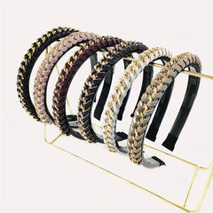 Vintage PU Leather Headband Chain Braided Hair Band Metal Head Hoop